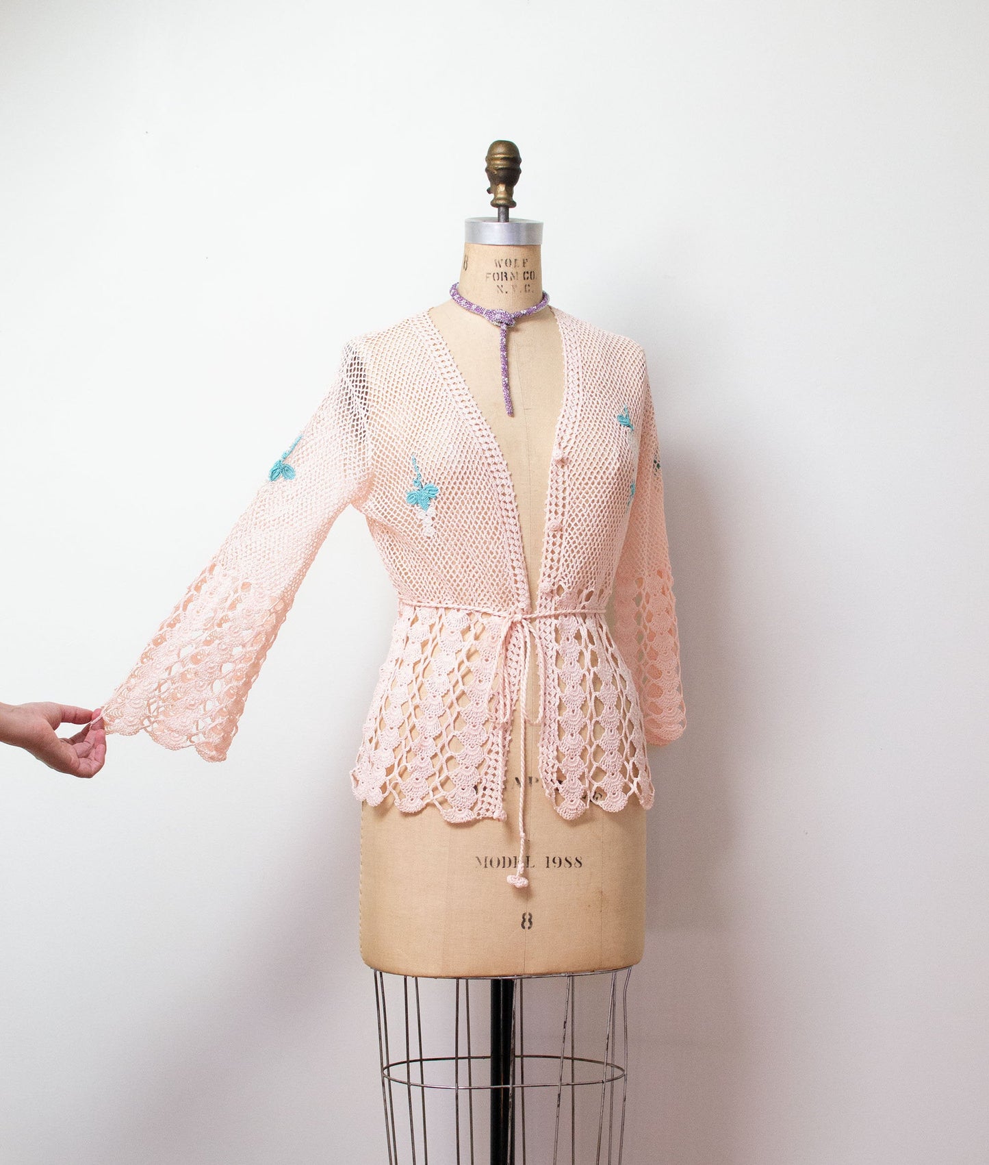 1970s Pale Pink Bell Sleeve Crochet Cardigan