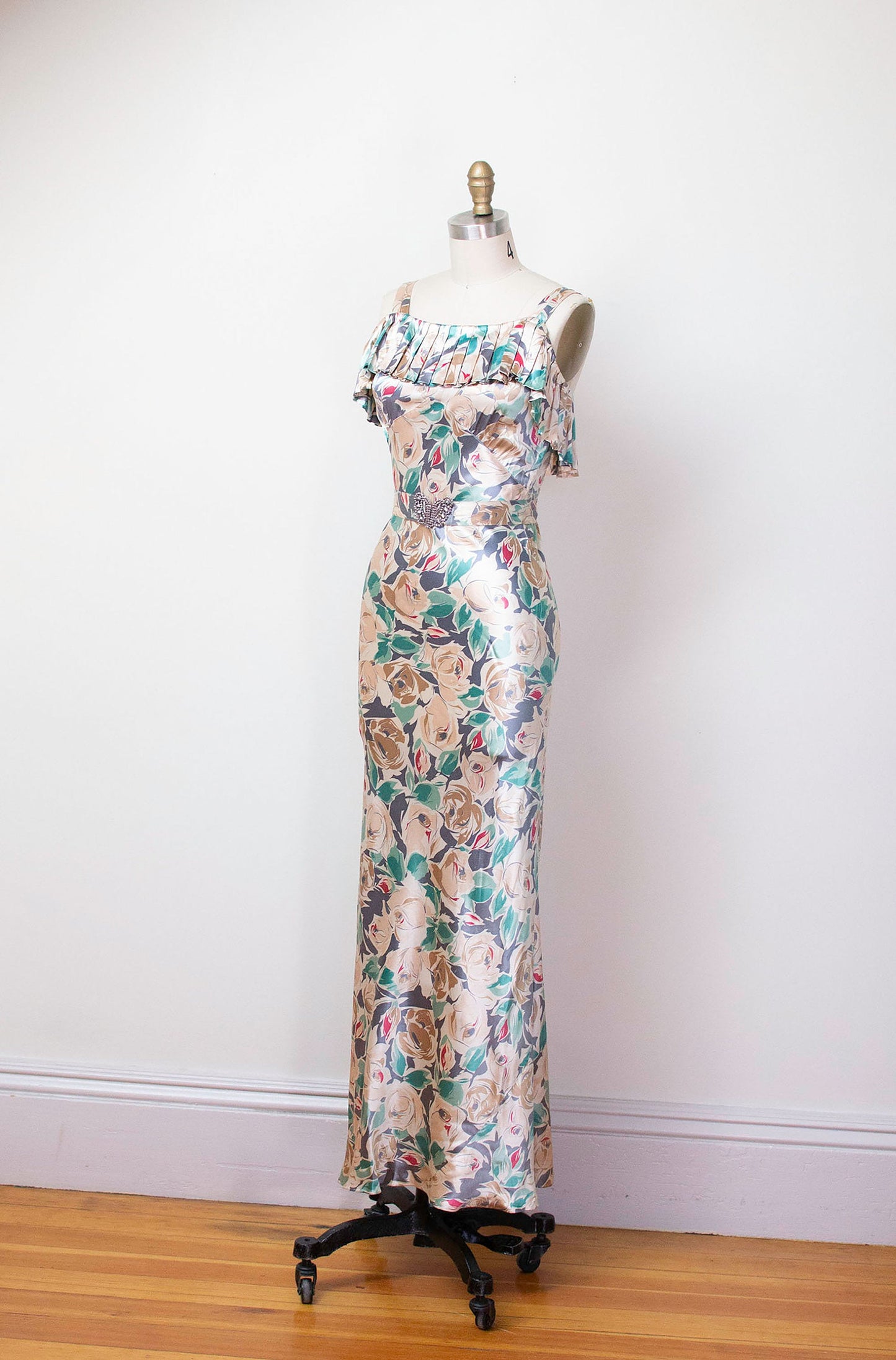 1930s Floral Print Satin Gown NRA Label