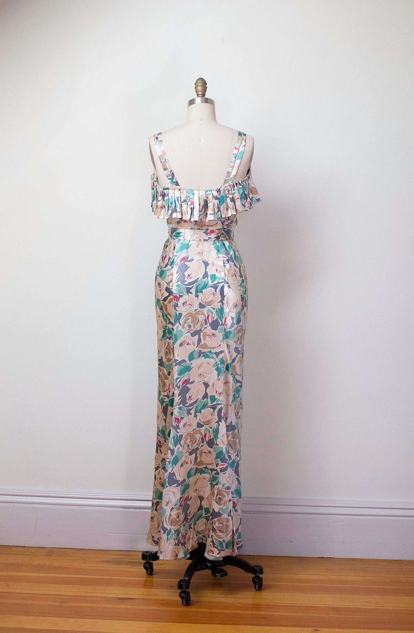 1930s Floral Print Satin Gown NRA Label