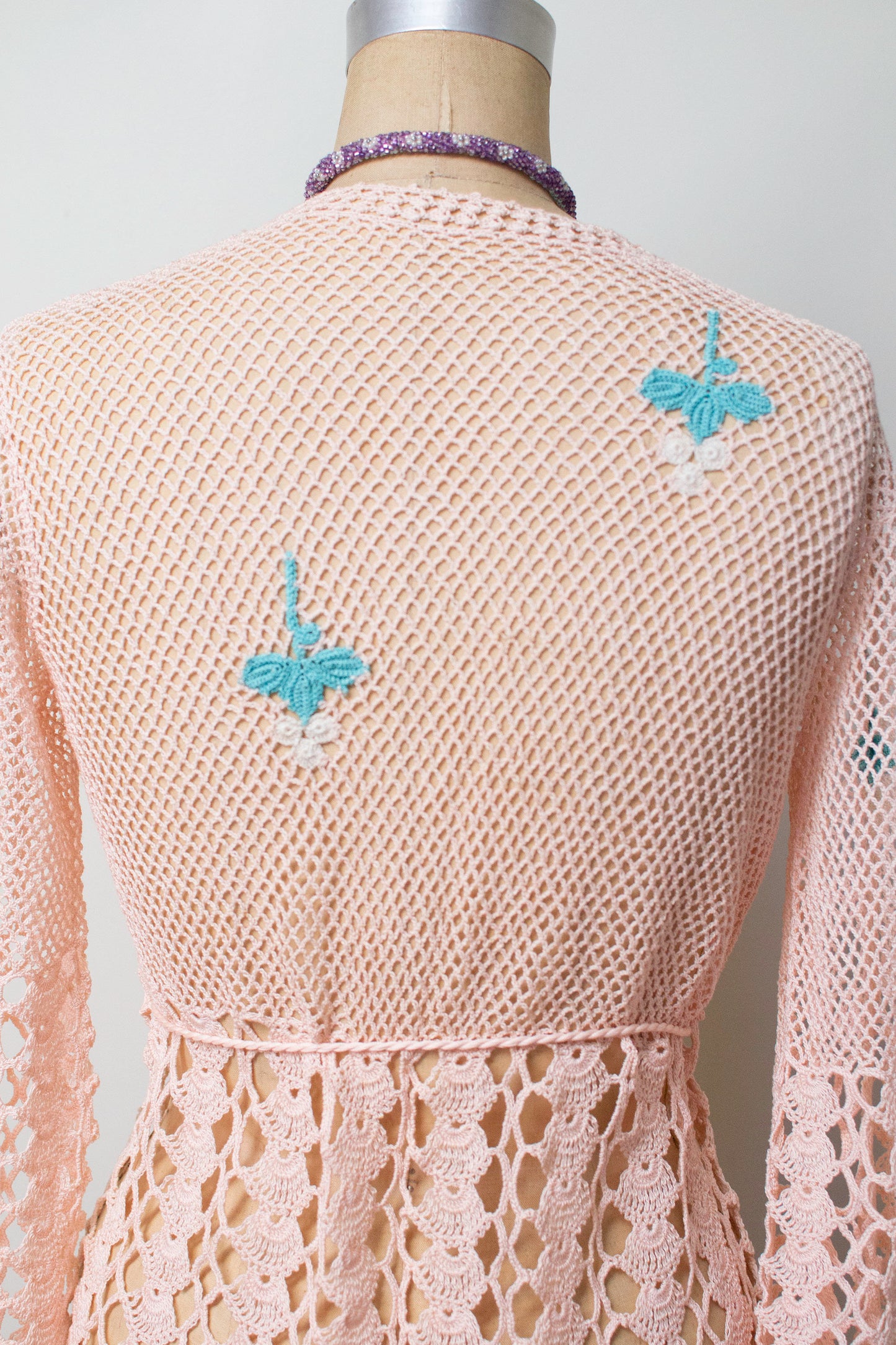 1970s Pale Pink Bell Sleeve Crochet Cardigan