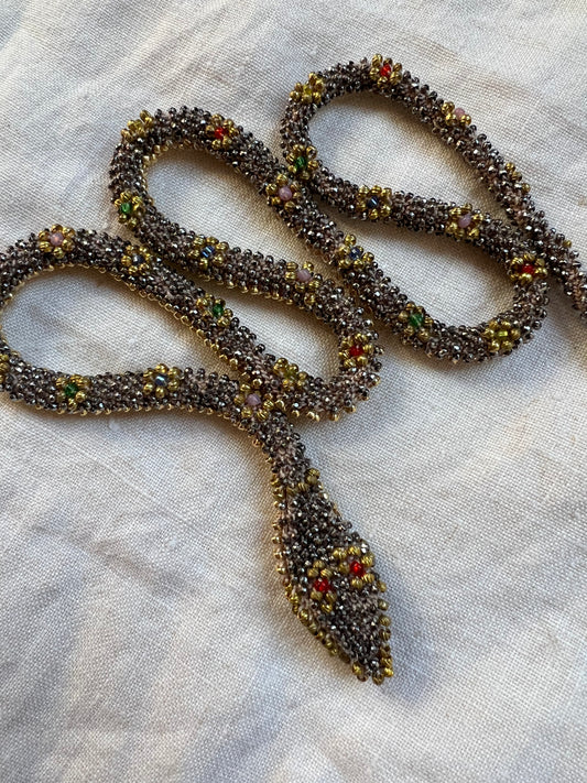 Bead Crochet Snake Necklace | Antique Steel Cut, Torse and Glass Beads