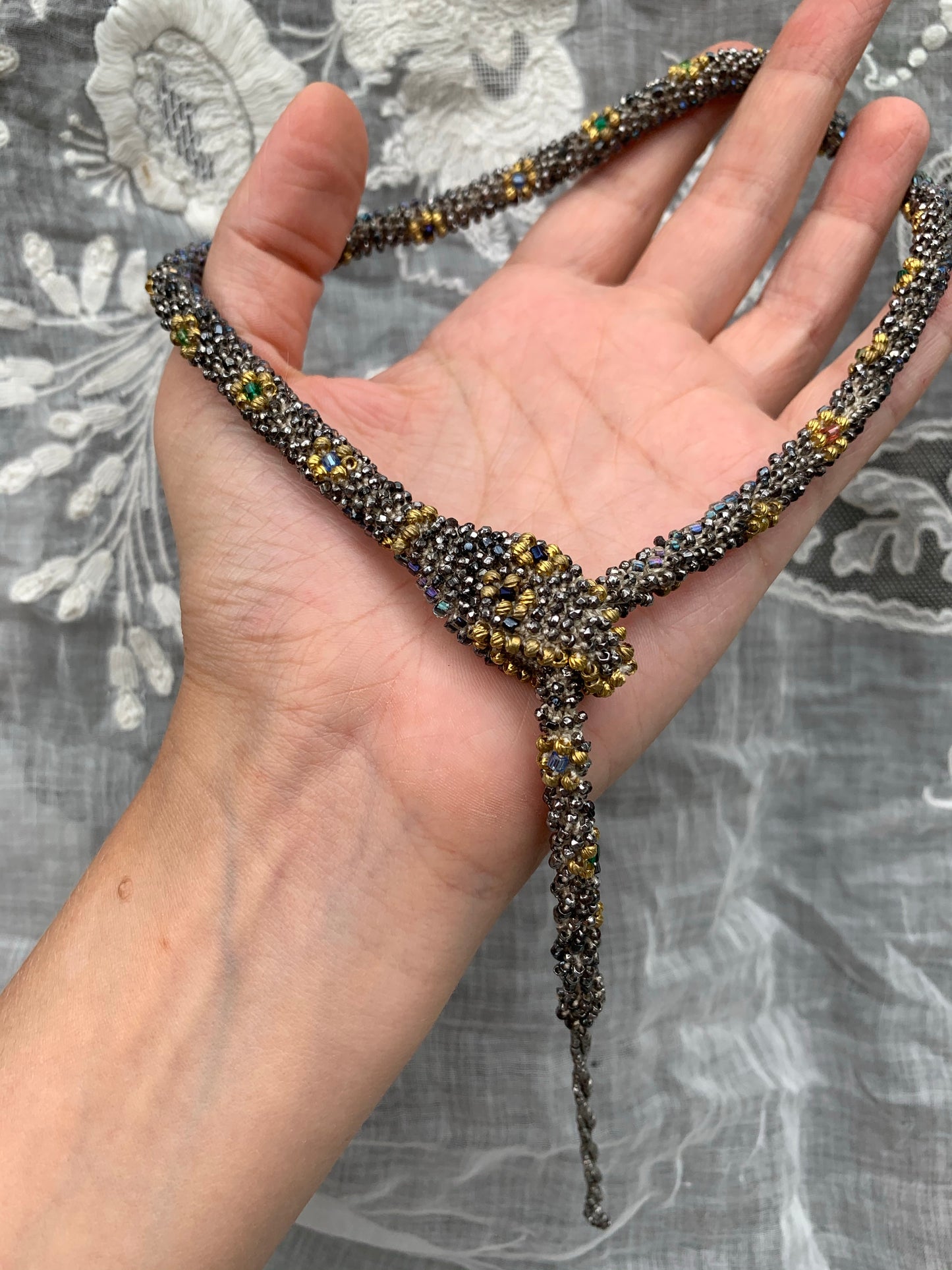 Bead Crochet Snake Necklace | Antique steel cut, Torse and glass beads