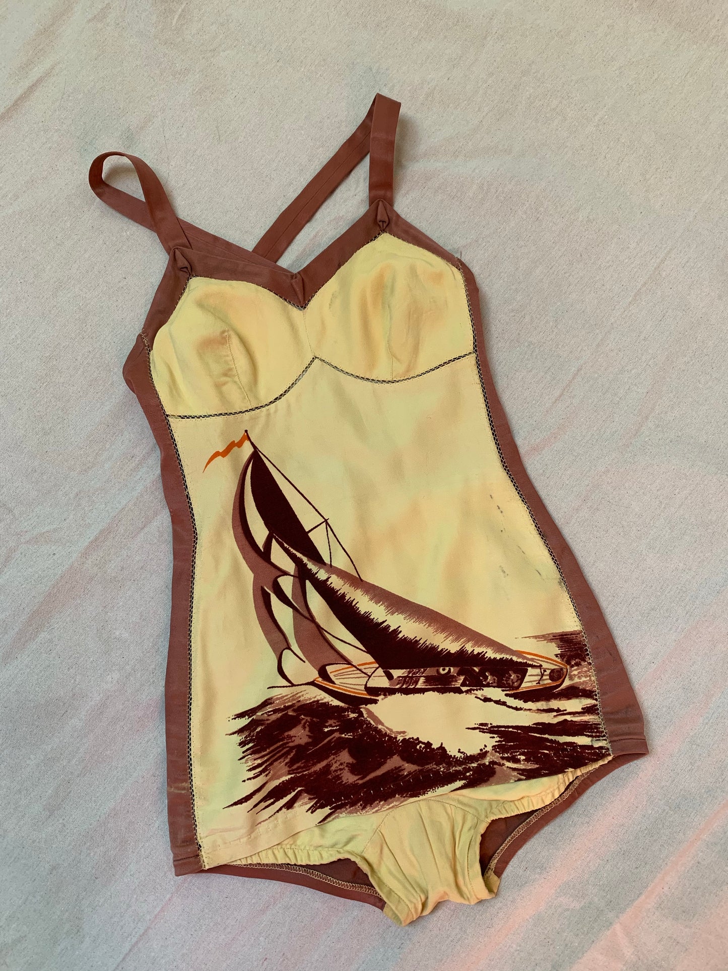 1940s Sailboat Print Swimsuit | Catalina California Hand Print