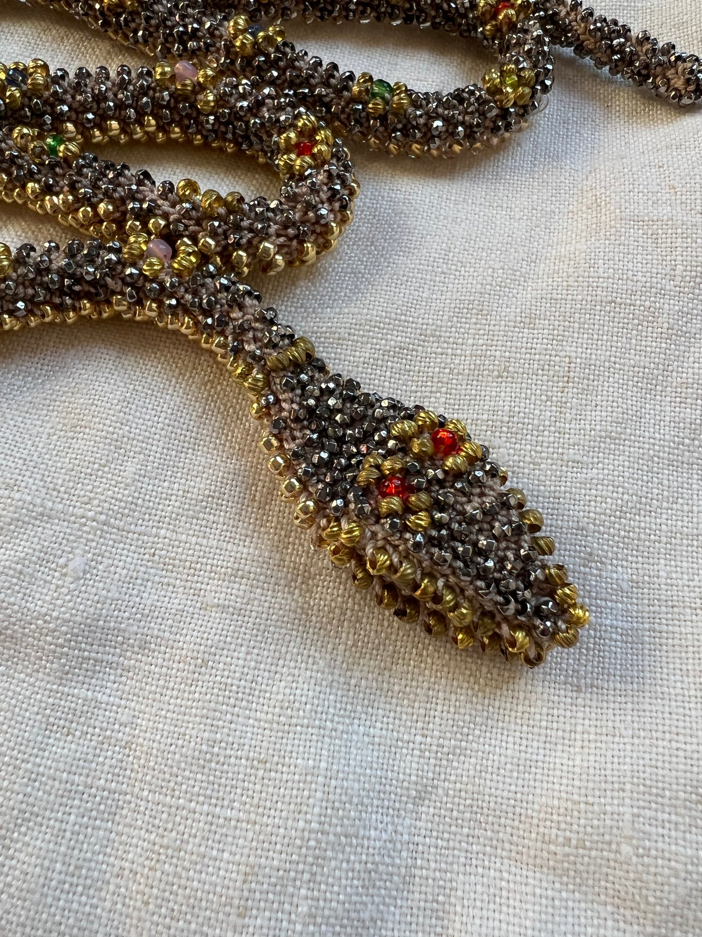 Bead Crochet Snake Necklace | Antique Steel Cut, Torse and Glass Beads