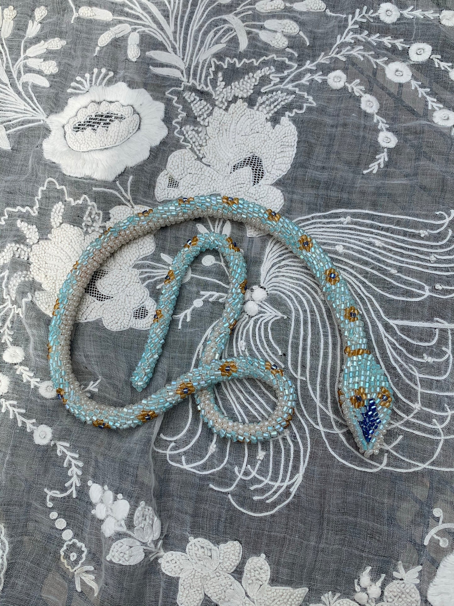 Pale Blue Bead Crochet Snake Necklace