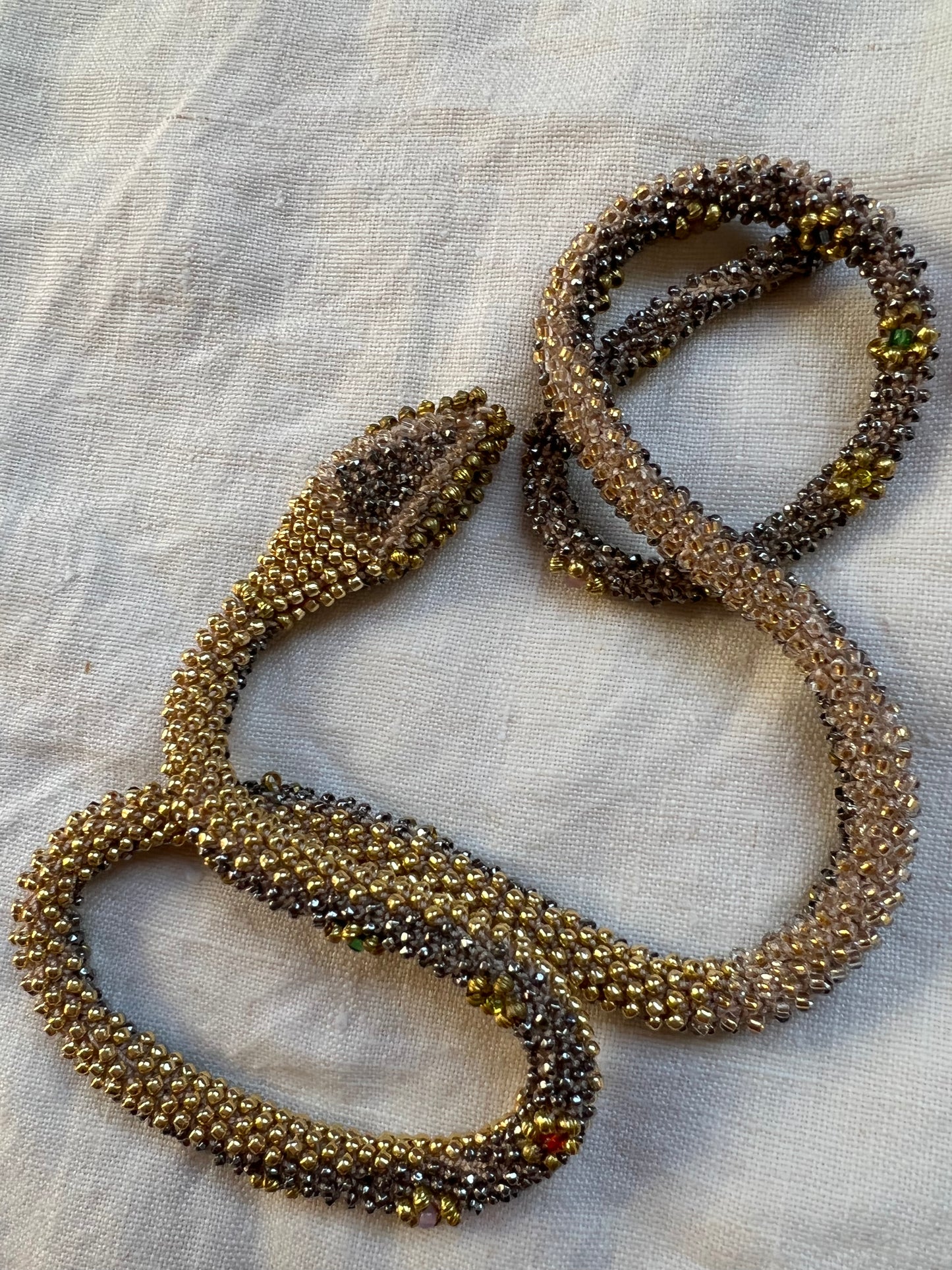 Bead Crochet Snake Necklace | Antique Steel Cut, Torse and Glass Beads